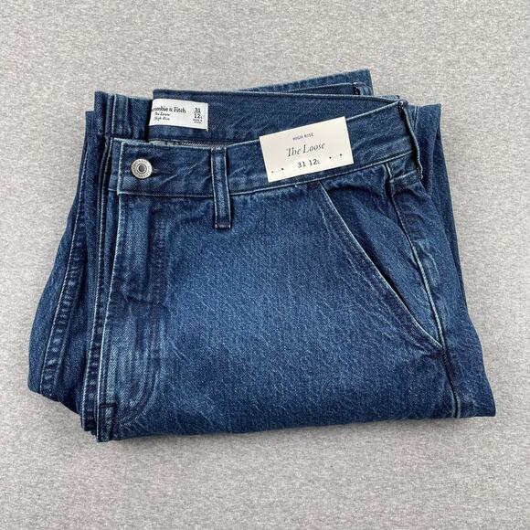 Abercrombie & Fitch High Rise Loose Jeans Womens 31 / 12 Long Blue Dark Wash NWT - Picture 3 of 16
